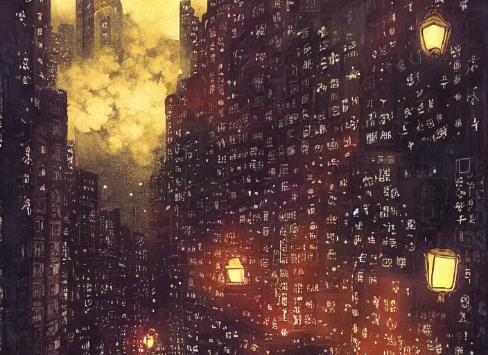 Image similar to anime illustration of 1 9 2 0 s hong kong at night lit by the stars, wispy smoke, highly detailed face, very intricate, symmetrical, cinematic lighting, award - winning, painted by wong kar - wai and mandy jurgens and peter doig, dystopian, bold colors, dark vibes, featured on artstation