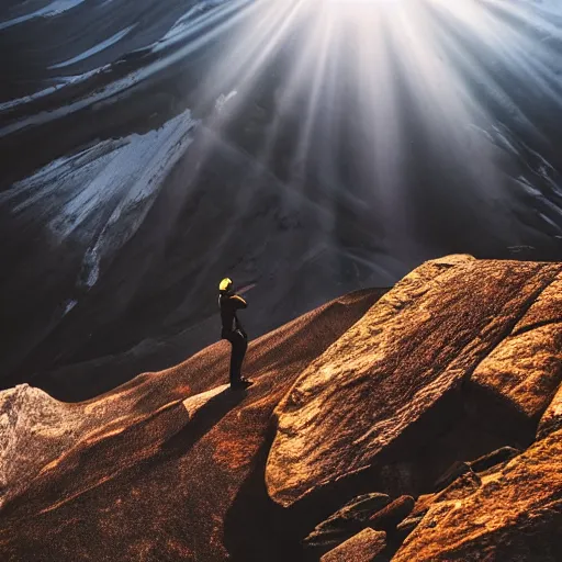 Image similar to a man climbing up a rocky mountain, no ropes, highly cinematic, dramatic, beautiful lighting, god rays, award winning photograph, national geographic, highly detailed, 4k