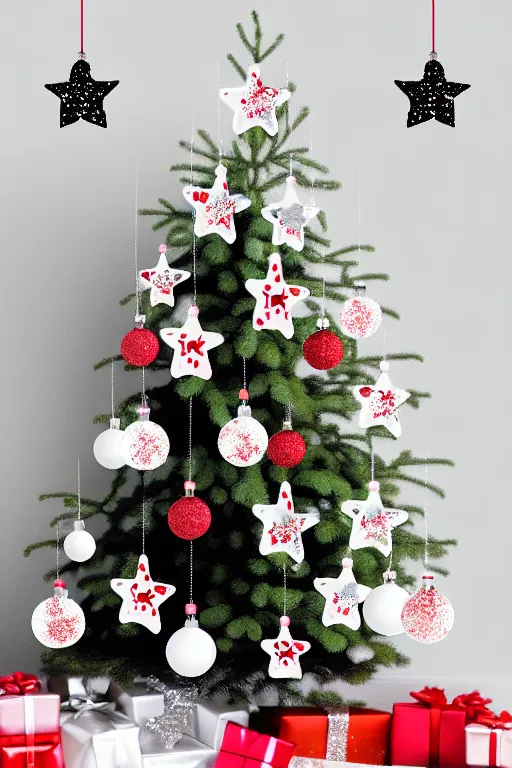 Image similar to flat sticker scandi christmas tree with kitsch glitzy baubles and stars and christmas robin bird decorations, silver pink white red mood, smooth sharp focus