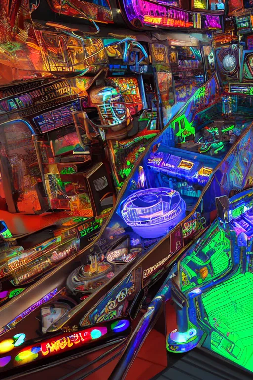 Prompt: a 3 d pinball game, theme is cyberpunk city market, tripmachines, realistic digital art, 3 d render of two huge futuristic steampunk generators inside a cyberpunk machine, 8 k, fluorescent colors, halluzinogenic, multicolored, exaggerated detailed, unreal engine