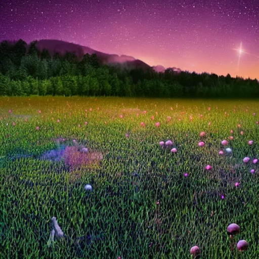 Prompt: field of beautiful luminescent pink and blue mycena fungi, emitting spore clouds, midnight, huge golden moon with small craters visible in night sky, hyperrealistic, detailed, soft lighting, fireflies