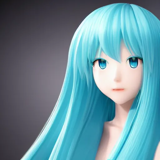 Image similar to portrait of a stunning woman like Hatsune Miku, who has light blue hair. Head and shoulders shot, highly detailed, award-winning, studio lighting, delicate features