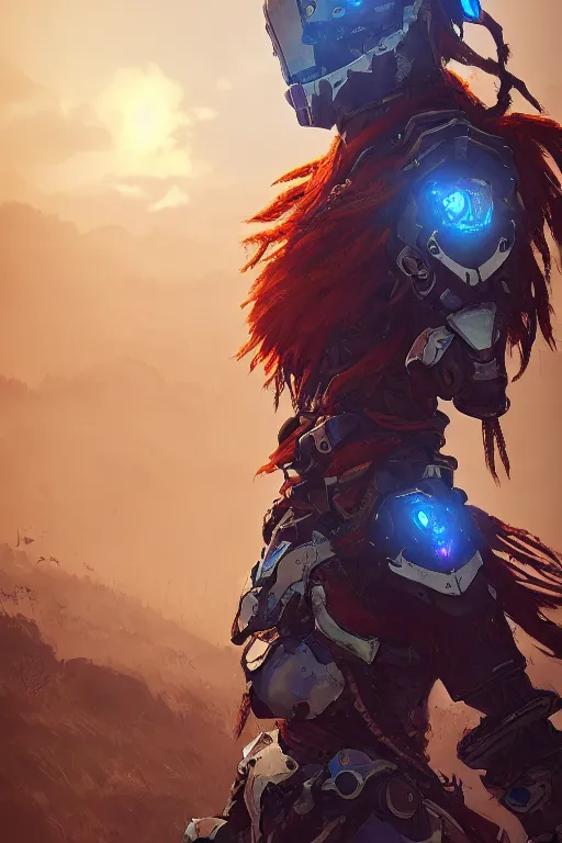 Image similar to combination suit armor aloy horizon forbidden west horizon zero dawn radiating a glowing aura global illumination ray tracing hdr fanart arstation by ian pesty and alena aenami artworks in 4 k tribal robot ninja mask helmet backpack