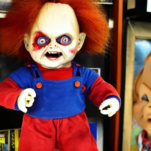 Prompt: Chucky the killer doll for sale in a pawn shop