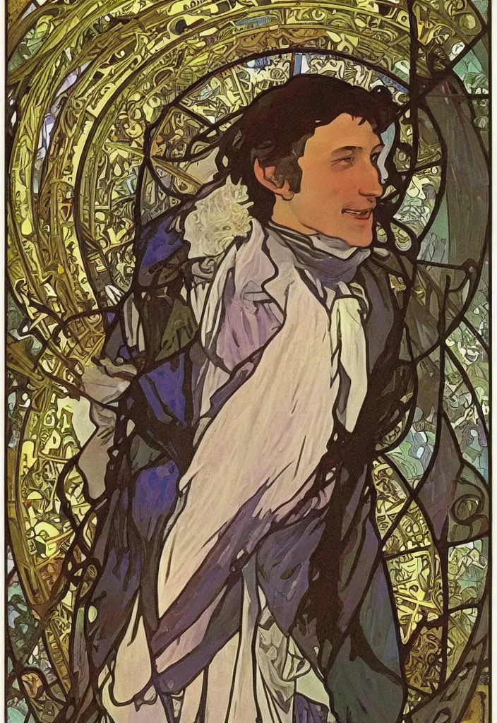 Image similar to realistic white - haired geoffrey hinton on a tarot card, tarot in art style by alphonse mucha