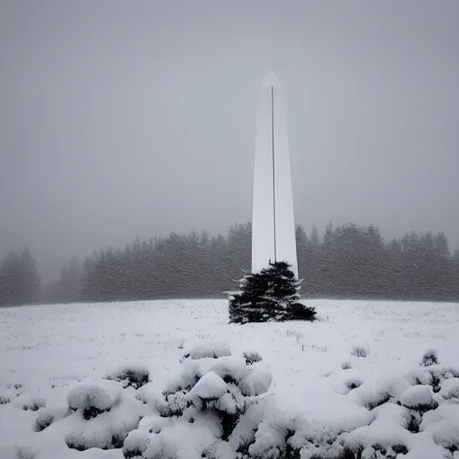 Image similar to a large, white obelisk floating above the ground in a taiga. snowing, grainy, overcast sky,