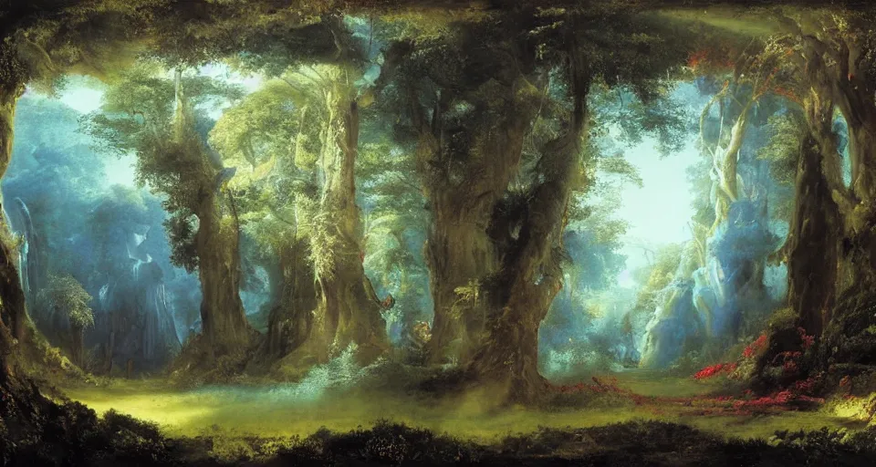 Image similar to Enchanted and magic forest, by John Martin