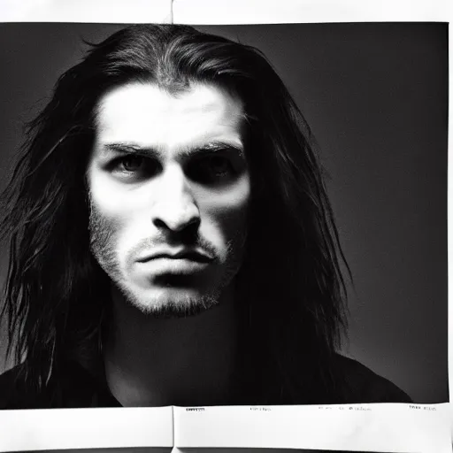 Prompt: a man with long hair and a black shirt, a portrait by alexis grimou, featured on pinterest, hypermodernism, associated press photo, gothic, angular