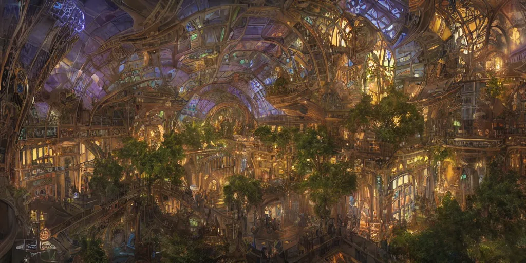 Image similar to colossal steampunk conservatory, geometric, esoterism, studio ghibly, mucha, beksinky, jas gourney, modern filgree, gardens flowers, windows tower, cener, multi-leveled, night neon lights by Stanley Artgerm Lau, WLOP, Rossdraws, ArtStation, concept art, octane render, trending on artstation, artstationHD, artstationHQ, unreal engine, 4k, 8k,