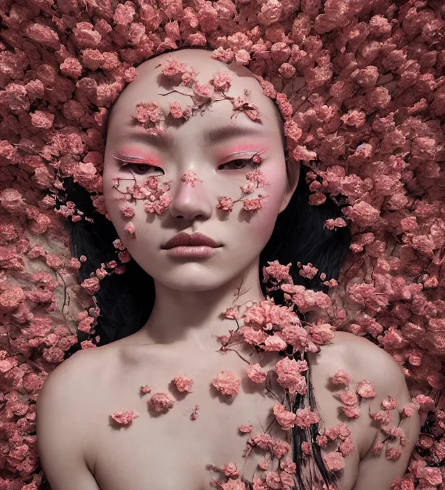 Image similar to baroque portrait of a geisha berserker designed by vitaly bulgarov who is lying down in a river made of thousand of flowers, photorealistic, octane render, 8 k, depth of field