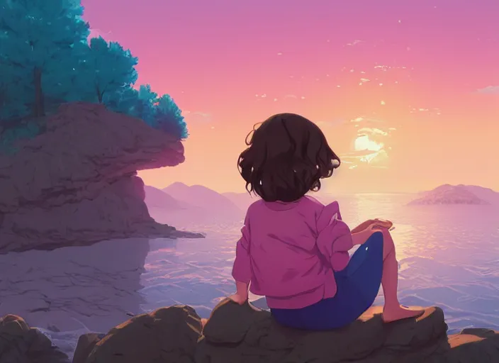 Prompt: little girl with short wavy curly light brown hair sitting on a rock. background pink and blue sunrise. clean cel shaded vector art. shutterstock. behance hd by lois van baarle, artgerm, helen huang, by makoto shinkai and ilya kuvshinov, rossdraws, illustration, art by ilya kuvshinov