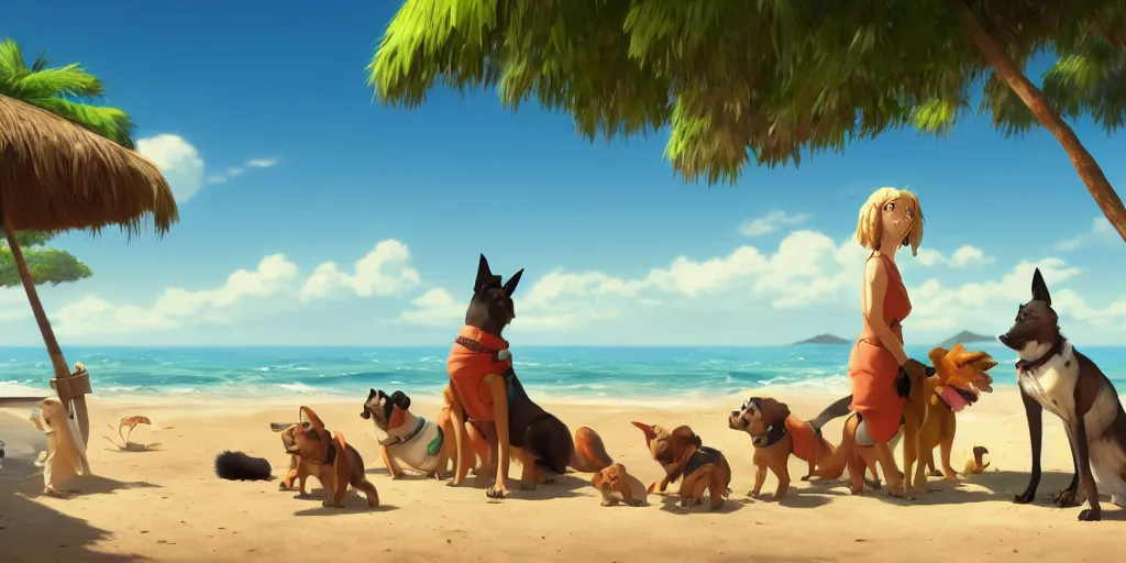 Image similar to a wholesome animation key shot of dogs at a tropical beach, medium shot, waist up, studio ghibli, pixar and disney animation, sharp, very detailed, high resolution, rendered in unreal engine 5, anime key art by greg rutkowski, bloom, dramatic lighting