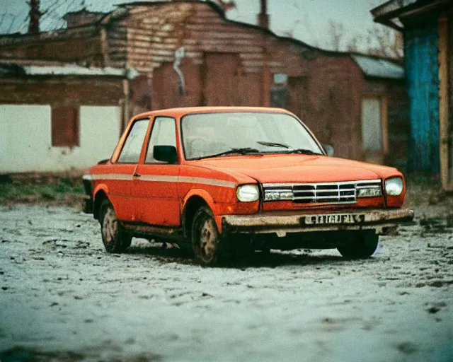 Image similar to a lomographic photo of old lada 2 1 0 7 standing in typical soviet yard in small town, hrushevka on background, cinestill, bokeh