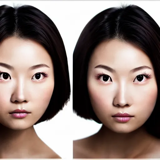 Image similar to pretty asian woman, headshot, symmetrical face, hard lighting, photorealistic