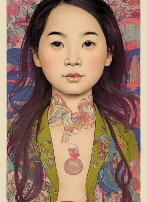 Image similar to colourful upper half portrait of an asian girl with proportions in the style of jack davis - presented in magazine collage style, art by hsiao - ron cheng & alphonse mucha, magazine collage, highly detailed, caricature, caricature, caricature digital painting, concept art, ray tracing, illustration, smooth, sharp focus, intricate, symmetry, pinterest, behance, artstation