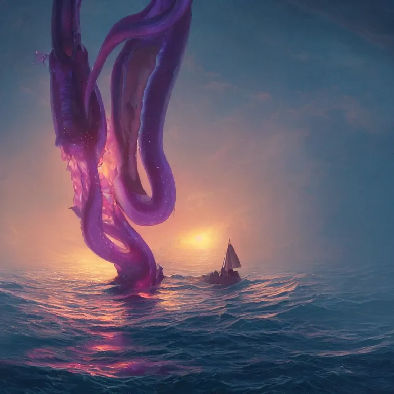 Prompt: An illustration of a giant glowing deep violet squid underwater approaching a very large schooner in a bioluminescent sea at dusk, by greg rutkowski and thomas kinkade, trending on behance rendered by Blender