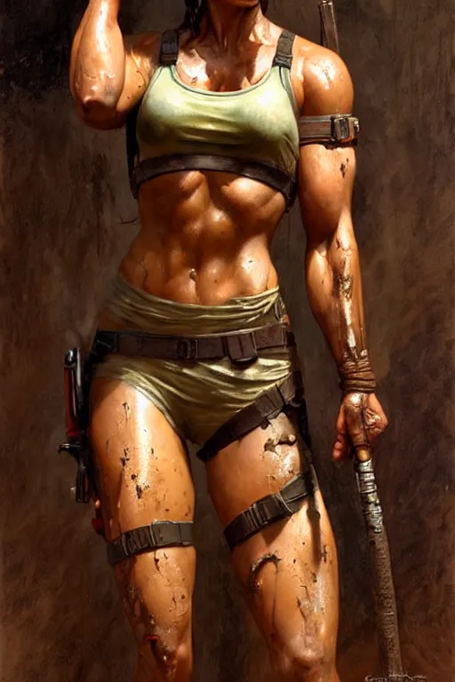 Image similar to focus muscular sweat lara croft, covers with mud exhausted face close up, highly detailed painting by gaston bussiere, craig mullins, j. c. leyendecker 8 k