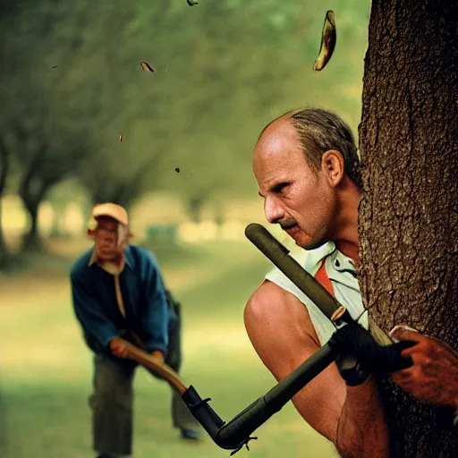 Image similar to closeup portrait of a man with a leafblower fighting a tree, by Steve McCurry and David Lazar, natural light, detailed face, CANON Eos C300, ƒ1.8, 35mm, 8K, medium-format print