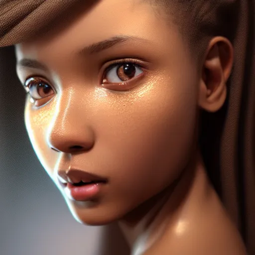 Image similar to a photorealistic hyperrealistic, bright brown eyes, light skinned african american young girl, ponytail hair, flawless face, beautiful lips, cute face, gorgeous white veil, by wlop, artgerm, greg rutwoski, alphonse mucha, beautiful dynamic dramatic low - light moody lighting, cinematic atmosphere, artstation, concept design art, octane render, 8 k