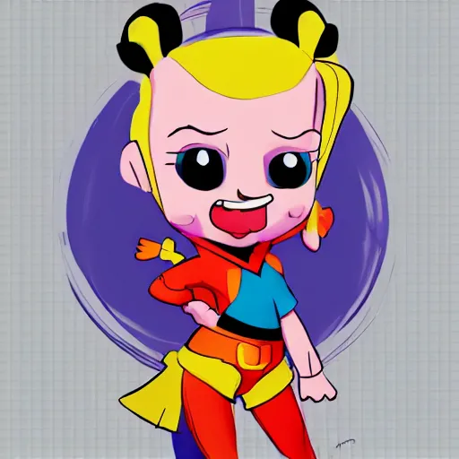 Prompt: baby harley quinn with pigtail in hair like pebbles flintstones full body, big head, large smile, pixar style, happy, chill out, rending, trending on artstation