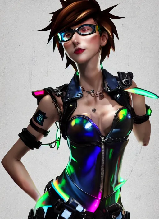 Image similar to portrait bust digital artwork of tracer overwatch, wearing black iridescent rainbow latex tank top, 4 k, expressive happy smug expression, makeup, in style of mark arian, angel wings, wearing detailed black leather collar, chains, black leather harness, detailed face and eyes,