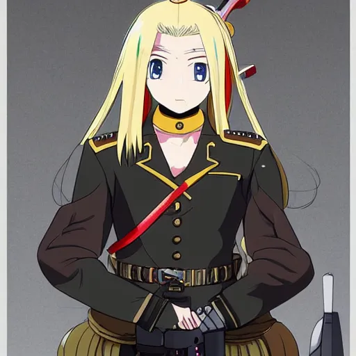 Prompt: oung princess with long blond hair in a German military uniform stands in the cathedral with a sword, in the style of anime, by Otomo Katsuhiro, HD, 8K