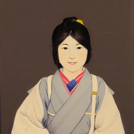 Image similar to a painting of Japanese schoolgirl, clothed, stylish