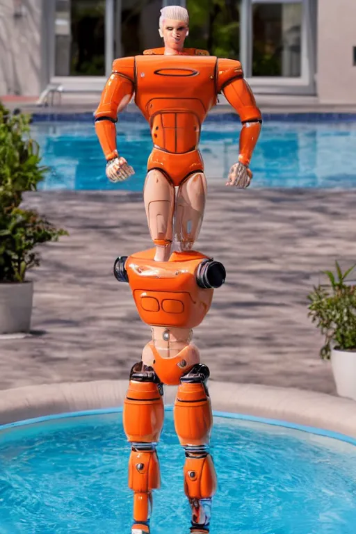 Image similar to a handsome robot bodybuilder with blonde hair who is also a male android, ken doll, muscular, wearing a cut-off white crop top and short light orange shorts stands by a swimming pool, shiny skin, robotic