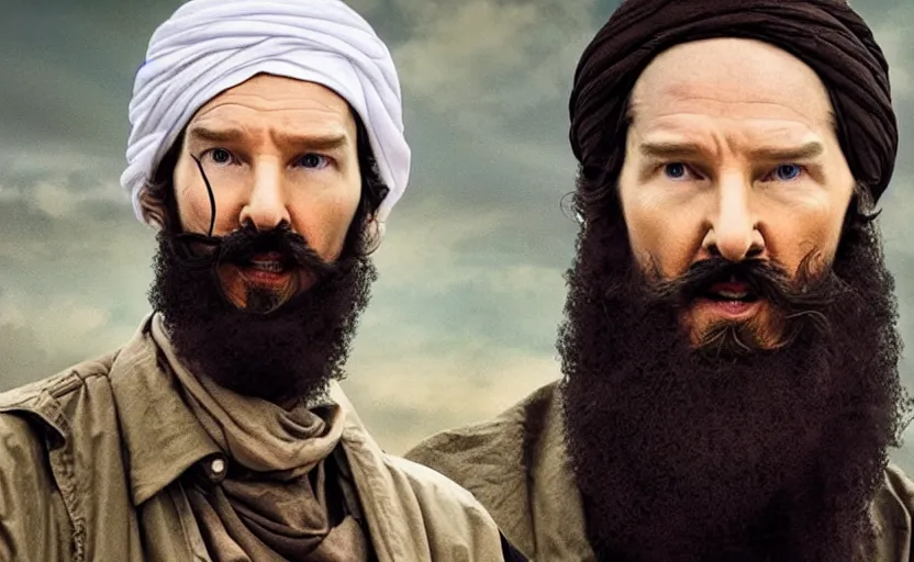 Prompt: Benedict Cumberbatch as Osama Bin Laden in 'Bin Bin' (2025), movie still frame, oscar nominated cinematography, volumetric lighting, 8k resolution, beautiful composition