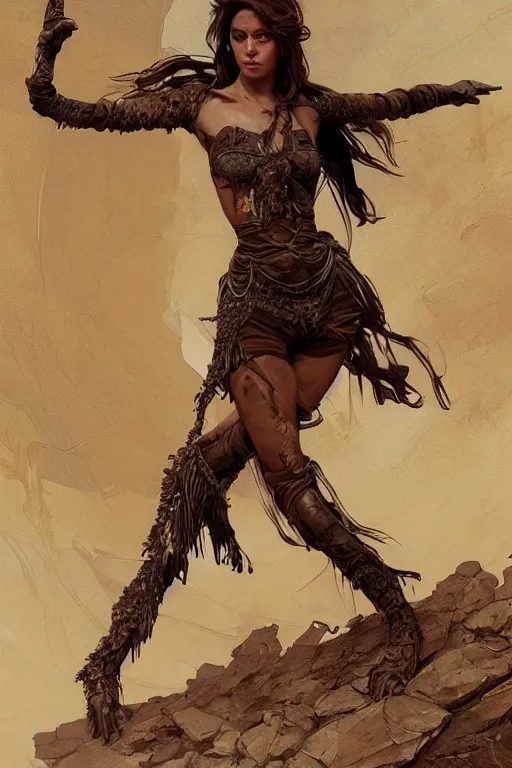 Image similar to a full body portrait of a beautiful post apocalyptic offworld desert savage rogue in ballet pose by the emerald oasis pools, intricate, elegant, highly detailed, digital painting, artstation, concept art, smooth, sharp focus, illustration, art by krenz cushart and artem demura and alphonse mucha