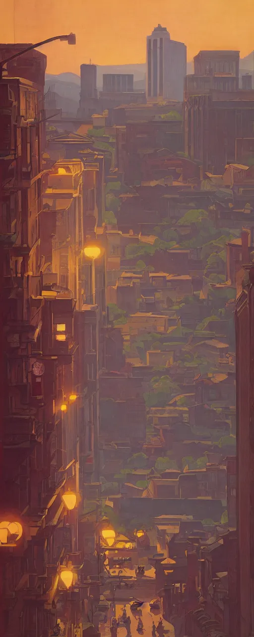 Image similar to Downtown Knoxville, dramatic cinematic lighting, rich colors, golden age illustration, by Sylvain Sarrailh and Nicholas Roerich and Ludwig Deutsch and April Gornik