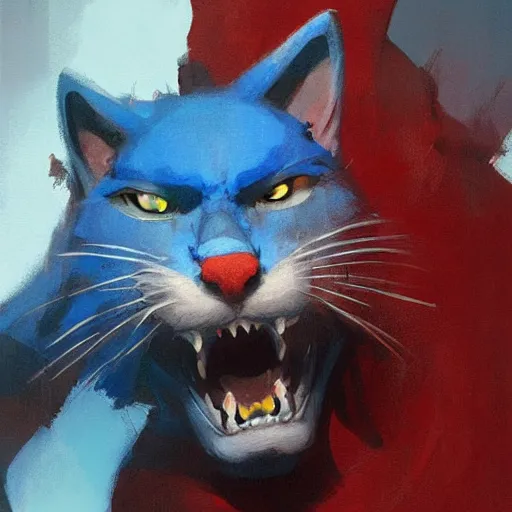 Prompt: blue cat eat red sable painting by eddie mendoza, greg rutkowski