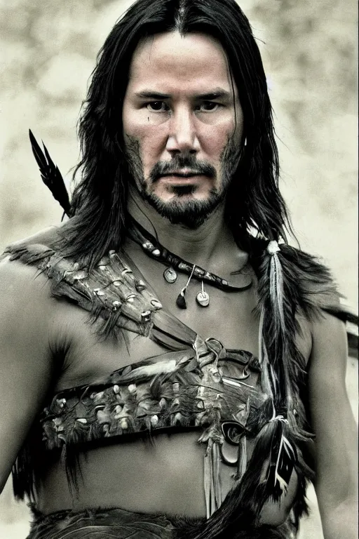 Image similar to Photo of Native American indian man Keanu Reeves, portrait, skilled warrior of the Apache, ancient, realistic, detailed, Keanu Reeves