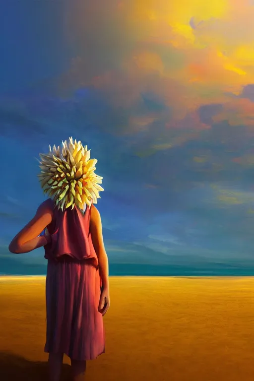 Image similar to closeup huge dahlia flower head, girl standing on beach, surreal photography, blue sky, sunrise, dramatic light, impressionist painting, digital painting, artstation, simon stalenhag