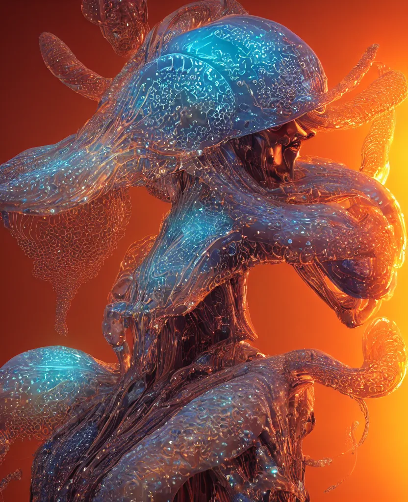 Image similar to close-up macro portrait of the face of a beautiful princess, epic angle and pose, symmetrical artwork, 3d with depth of field, blurred background, cybernetic jellyfish female face skull phoenix bird, translucent, nautilus, energy flows of water and fire. a highly detailed epic cinematic concept art CG render. made in Maya, Blender and Photoshop, octane render, excellent composition, cinematic dystopian brutalist atmosphere, dynamic dramatic cinematic lighting, aesthetic, very inspirational, arthouse. y Greg Rutkowski, Ilya Kuvshinov, WLOP, Stanley Artgerm Lau, Ruan Jia and Fenghua Zhong