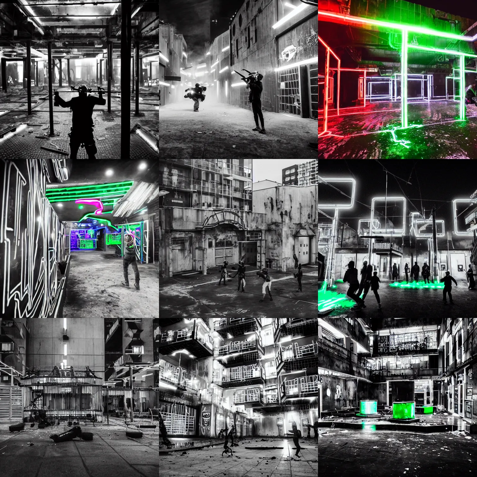 Prompt: a black and white dystopian city where people are playing paintball with bright neon paints