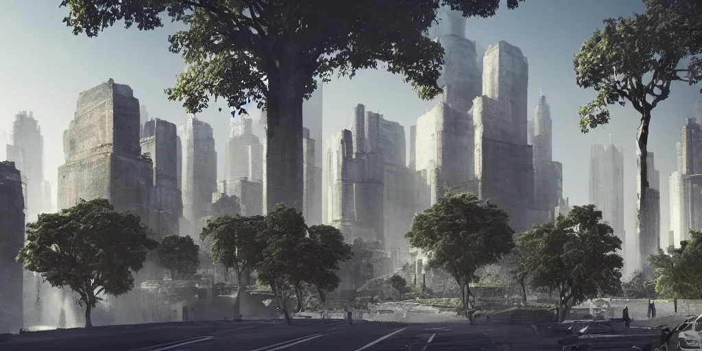 Image similar to city and temples, but with trees and water, arab architectural and brutalism and gigantism, composition idea concept art for movies, style of denis villeneuve and greg fraiser