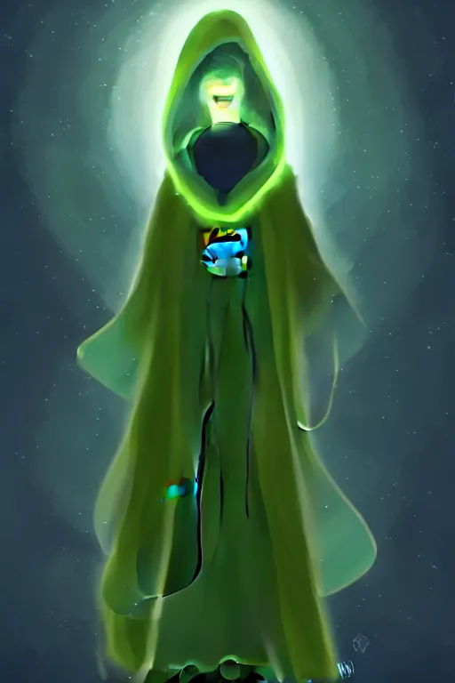 Image similar to A full body portrait of a cute shaman with no face, glowing eyes and a very long hooded dark green cloak of leaves in the style of Pixar, stylized