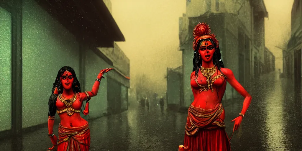 Prompt: portrait of the goddess Kali standing in an alley, raining, thunderstorm, photorealistic, wide angle, concept art, cinematic atmosphere, dramatic lighting, octane render, 8k, by Norman Rockwell ,-H 1024