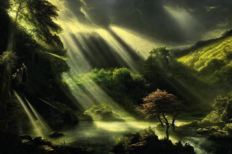 Image similar to masterpiece lord of the rings painting of trees on a hillside overlooking a creek, dramatic lighting with god rays, by andreas franke