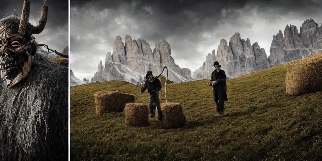 Prompt: alpine farmer transforming into hay monsters and krampus,roots and hay coat, dolomites in background, dark, eerie, despair, portrait photography, artstation, highly detailed, sharp focus, by cronneberg