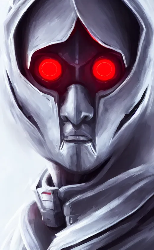 Image similar to face portrait of a robot in an all white hood and robe, with red glowing eyes, dynamic lighting, fantasy concept art, trending on art station, stunning visuals, creative, cinematic, ultra detailed