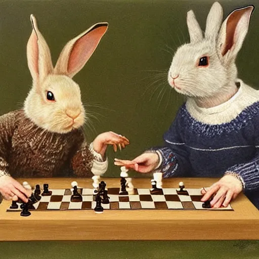 Prompt: two rabbits drinking tea and playing chess. Painting of rabbits in sweaters by James Gurney.
