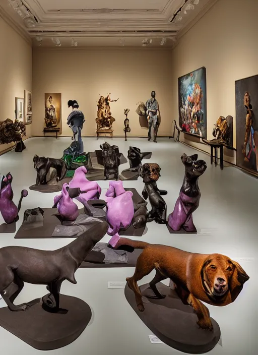 Image similar to a museum room with sculptures of velvet dogs made by koons