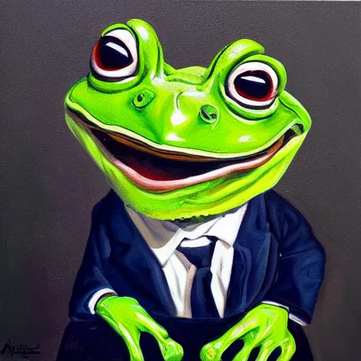 Prompt: Alex Jones presenting a newly finished painting of a frog while smiling. Photo realistic.