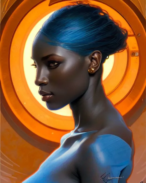 Image similar to Portrait of very very very very very very beautiful nigerian woman, spacesuit, blue eyes, real life skin, intricate, elegant, highly detailed, artstation, concept art, smooth, sharp focus, art by artgerm and greg rutkowski and alphonse mucha