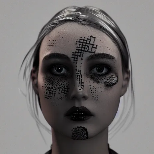 Prompt: Calm AI girl's face with a tattoo of savages and with caret in very strong glitches, scanlines effects, RGB shift effects, jitter effects. Black background, concept art, octane render, 8k, portrait
