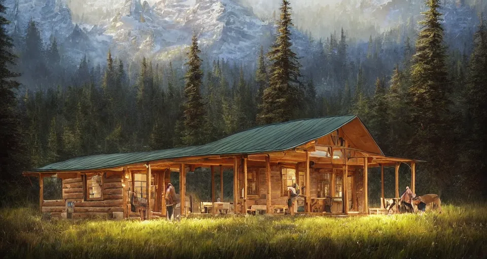 Image similar to cabela's beautiful comfortable modular pop - up insulated all terrain family dwelling, cabin,, person in foreground, mountainous forested wilderness open fields, beautiful views, painterly concept art, joanna gaines, environmental concept art, farmhouse, magnolia, concept art illustration, by james gurney, by craig mullins, by greg rutkowski trending on artstation