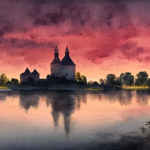Prompt: cinematic shot of magnificent trakai castle during sunset, watercolor painting, jakub rozalski, dark colours, artstation