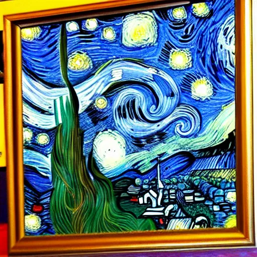 Image similar to smurfs by da vinci, starry night style